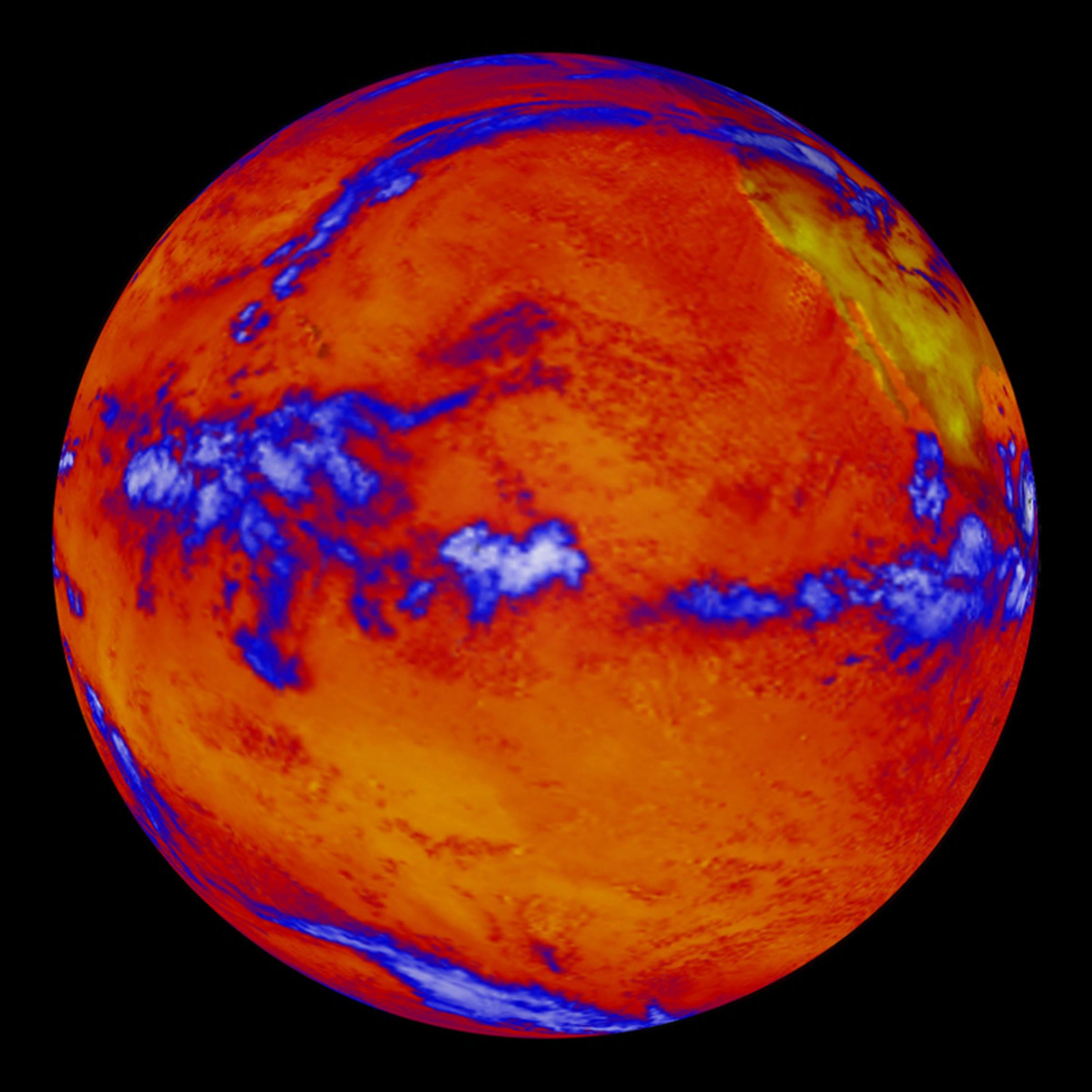 This false color image of the Earth is produced by the Clouds and the Earth's Radiant Energy System (CERES) instrument flying aboard NASA's Terra spacecraft. The image shows where more or less heat, in the form of long-wave radiation, is emanating from the top of the Earth's atmosphere.