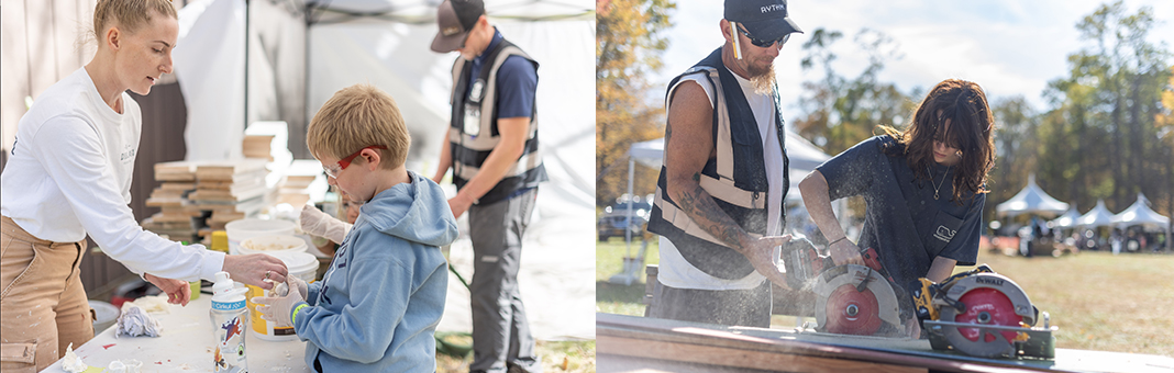 Trade experts overseeing young people learning carpentry techniques