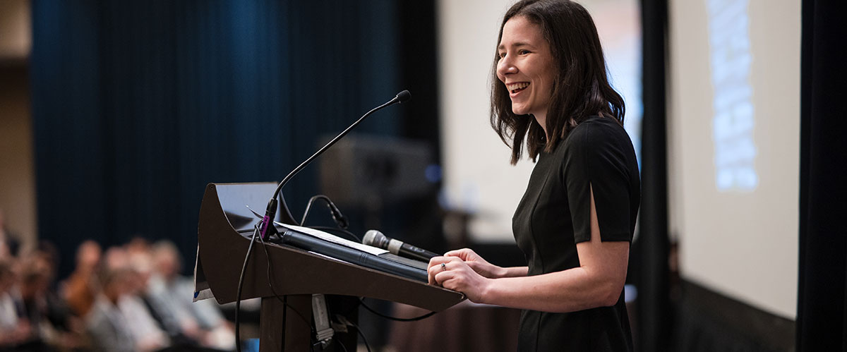 Florence MacGregor delivering the introduction to the keynote at BuildingEnergy Boston 2023
