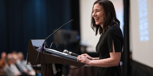 Florence MacGregor delivering the introduction to the keynote at BuildingEnergy Boston 2023