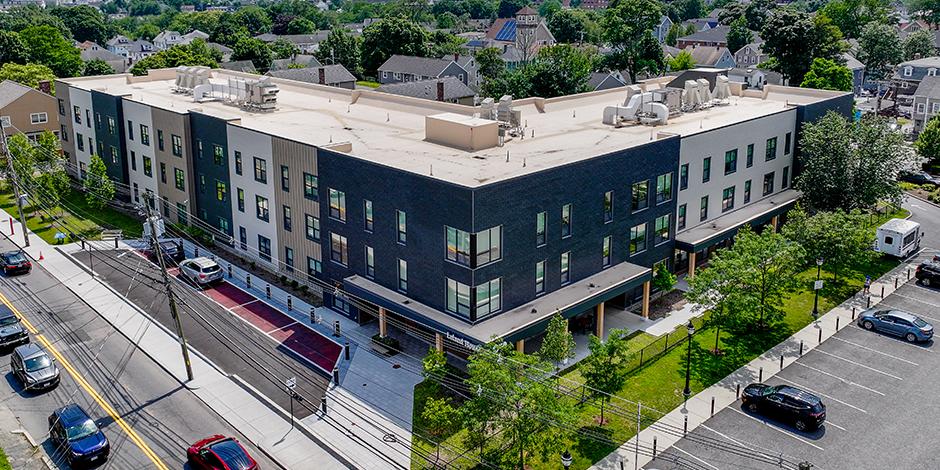 An arial view of a mass timber framed passive house retirement community in Waltham