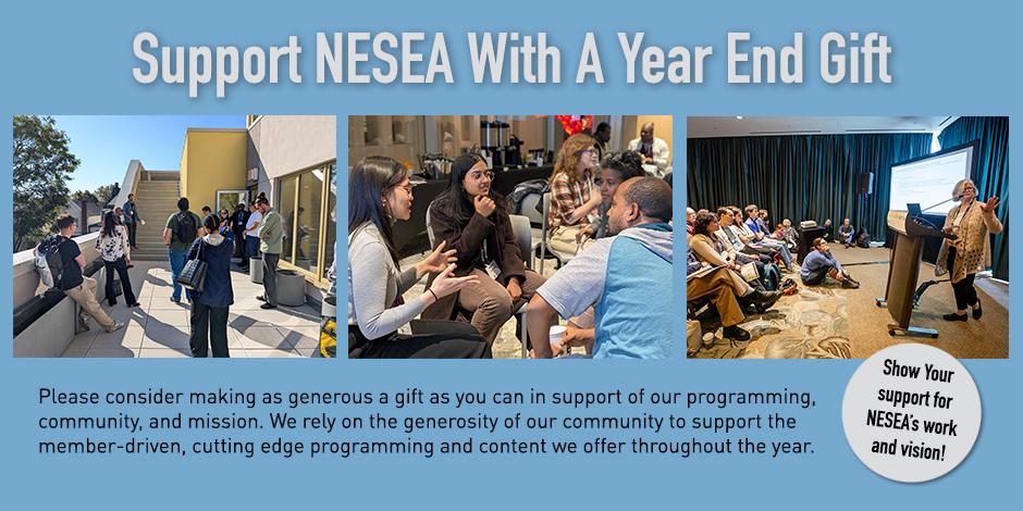 Three images of NESEA programming; a group on a rooftop during a pro tour, people having an in-depth animated discussion, and finally, a session from BuildingEnergy Boston 2025
