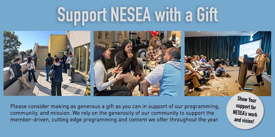 Three images of NESEA programming; a group on a rooftop during a pro tour, people having an in-depth animated discussion, and finally, a session from BuildingEnergy Boston 2025